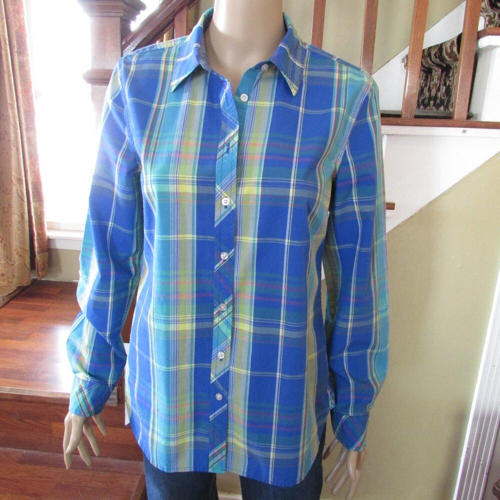 TALBOTS Women's Shirt Top Button Up Front Roll Up Sleeves Blue Plaid Size Small